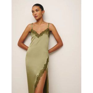 NWOT Reformation Karissa Silk Dress in Olive Oil Green Midi Adjustable Straps
